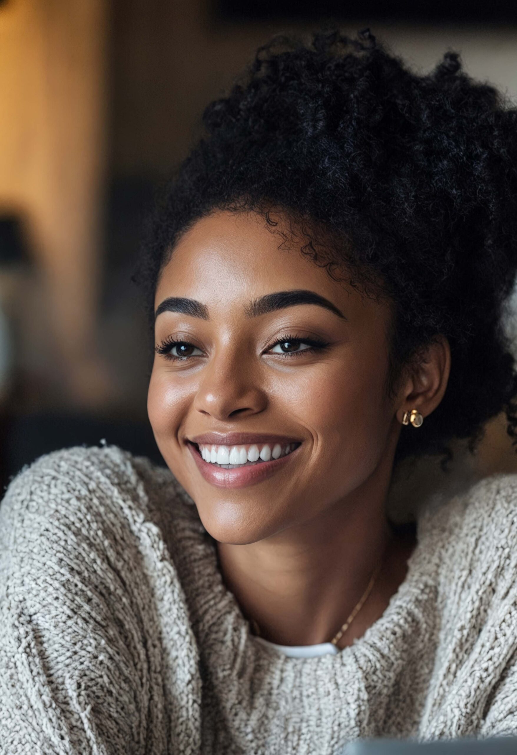 woman sitting couch smiling scaled