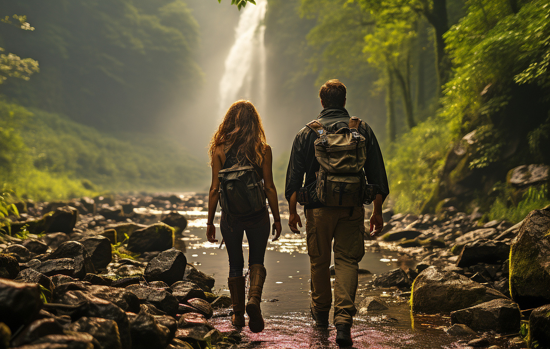 Crossing the Threshold. Man and woman hiking ready to cross a shallow body of water